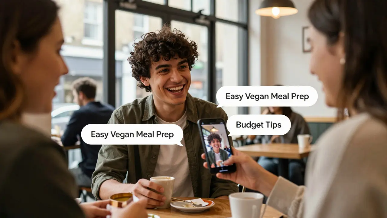 Young person in a London cafe using a phone with floating SEO keyword tags.