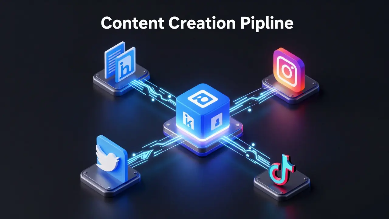 Abstract 3D graphic showing AI adapting content for LinkedIn, Instagram, X, and TikTok