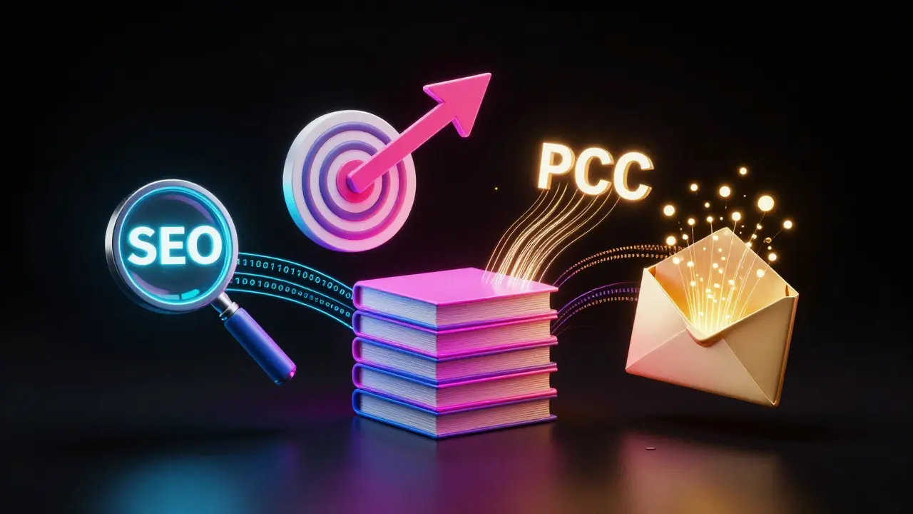 Abstract 3D icons representing SEO, PPC, content, and email marketing pillars.
