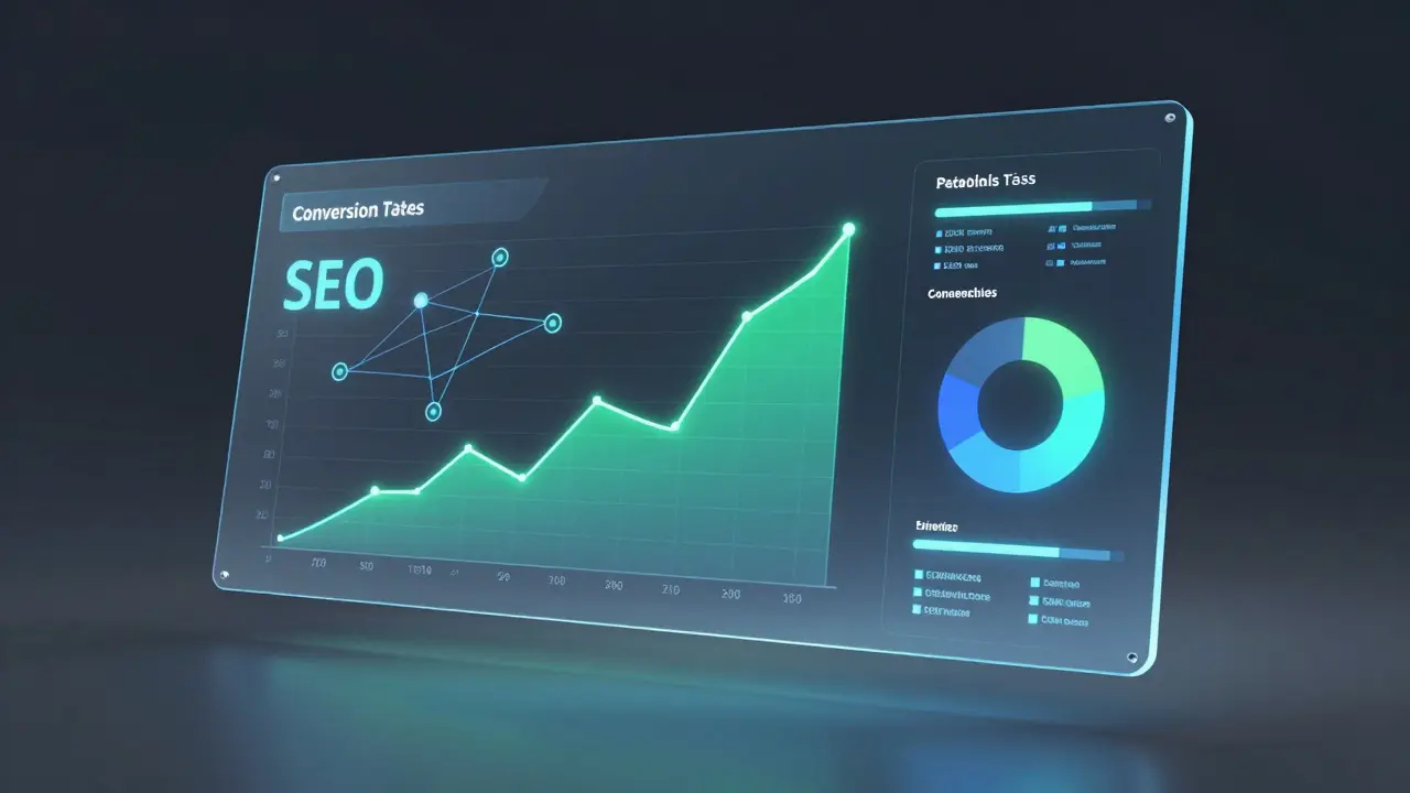 Abstract 3D visualization of glowing marketing data and analytics metrics.