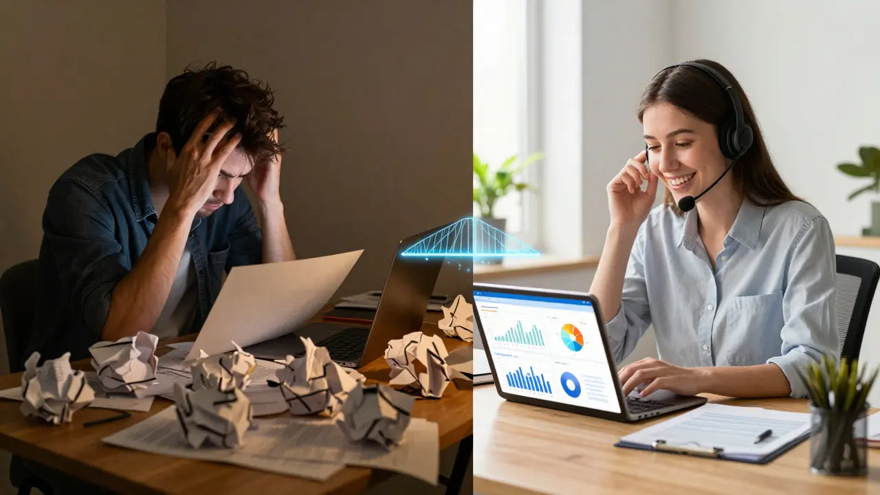 Contrast between chaotic manual work and organized AI-assisted social media management