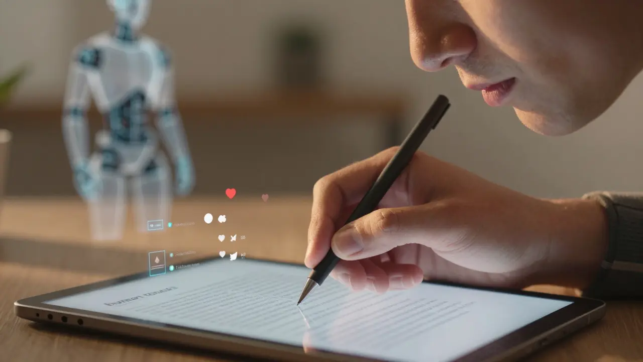 Creator adding personal touch to AI-generated content on a tablet