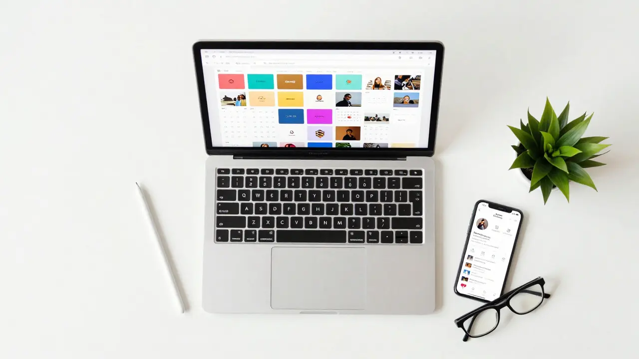 Laptop with content calendar and phone showing Instagram growth