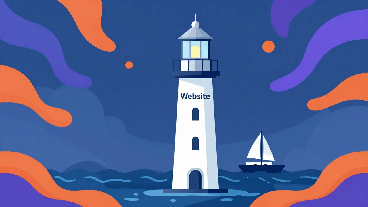Lighthouse symbolizing a stable website amidst chaotic social media waves.