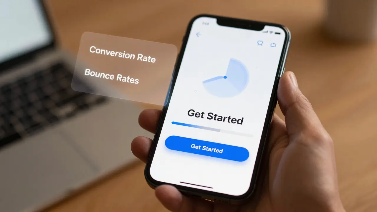 Mobile-optimized website with analytics overlays on a smartphone