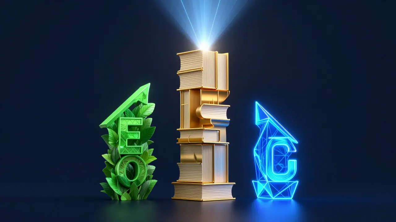 Three pillars representing SEO, content, and ads forming a beacon