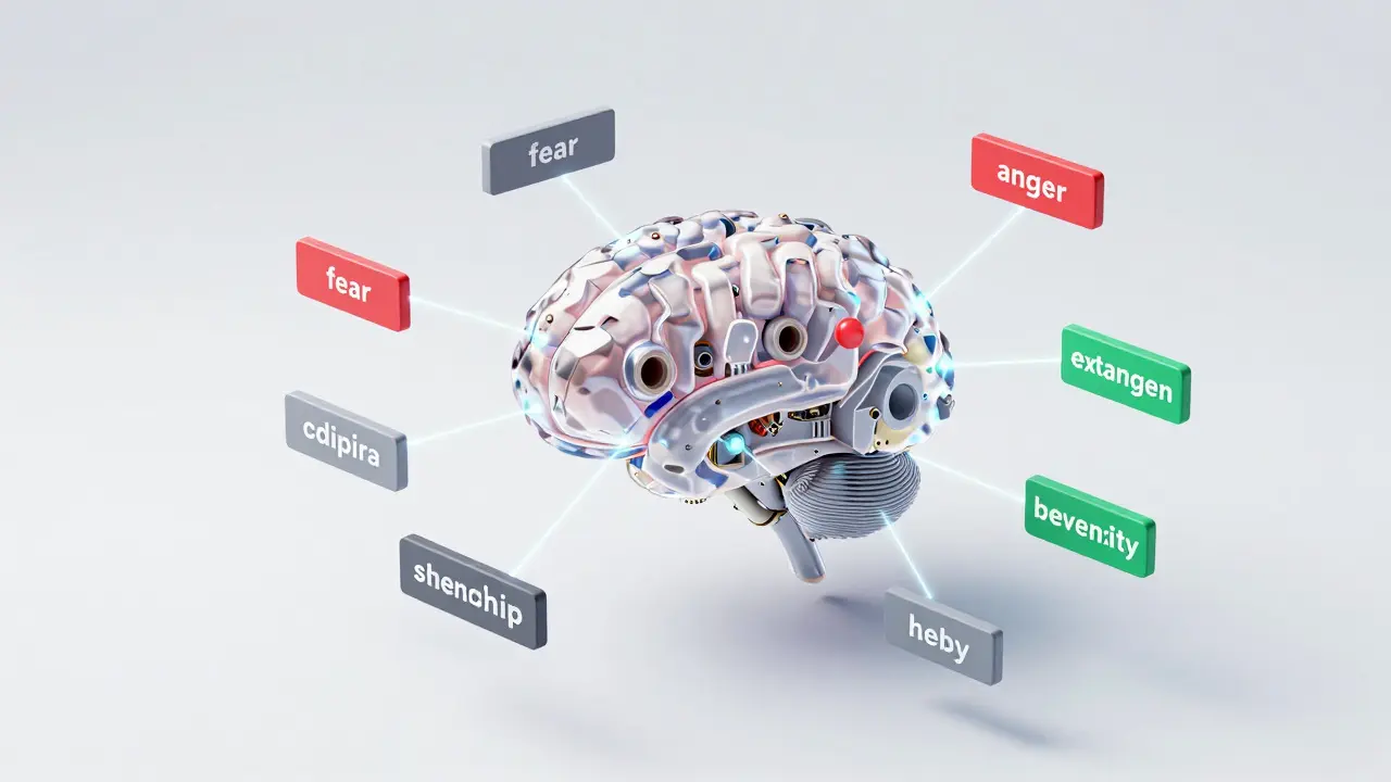 3D render of AI brain analyzing colored text fragments for bias and fallacies