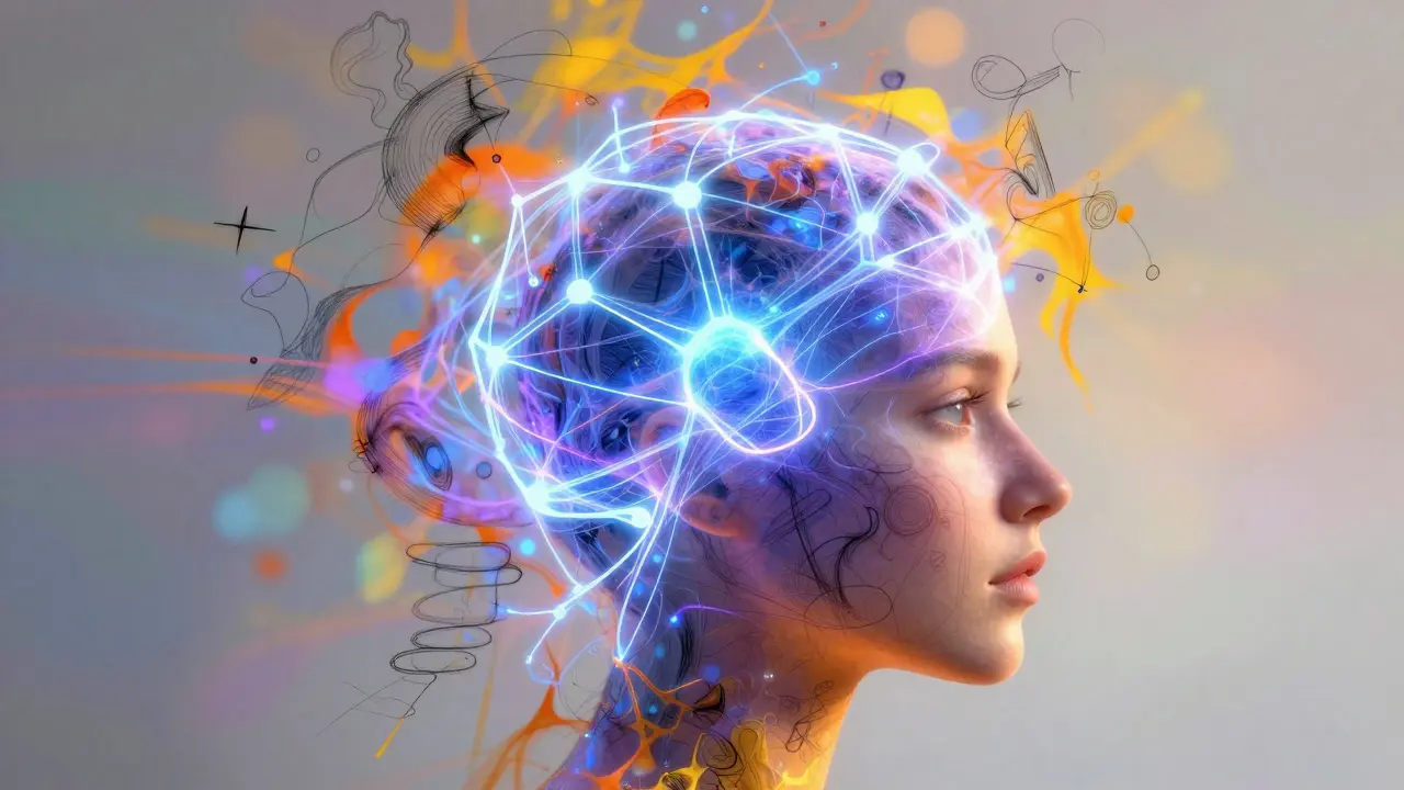 Abstract art showing AI neural networks merging with human creative sketches