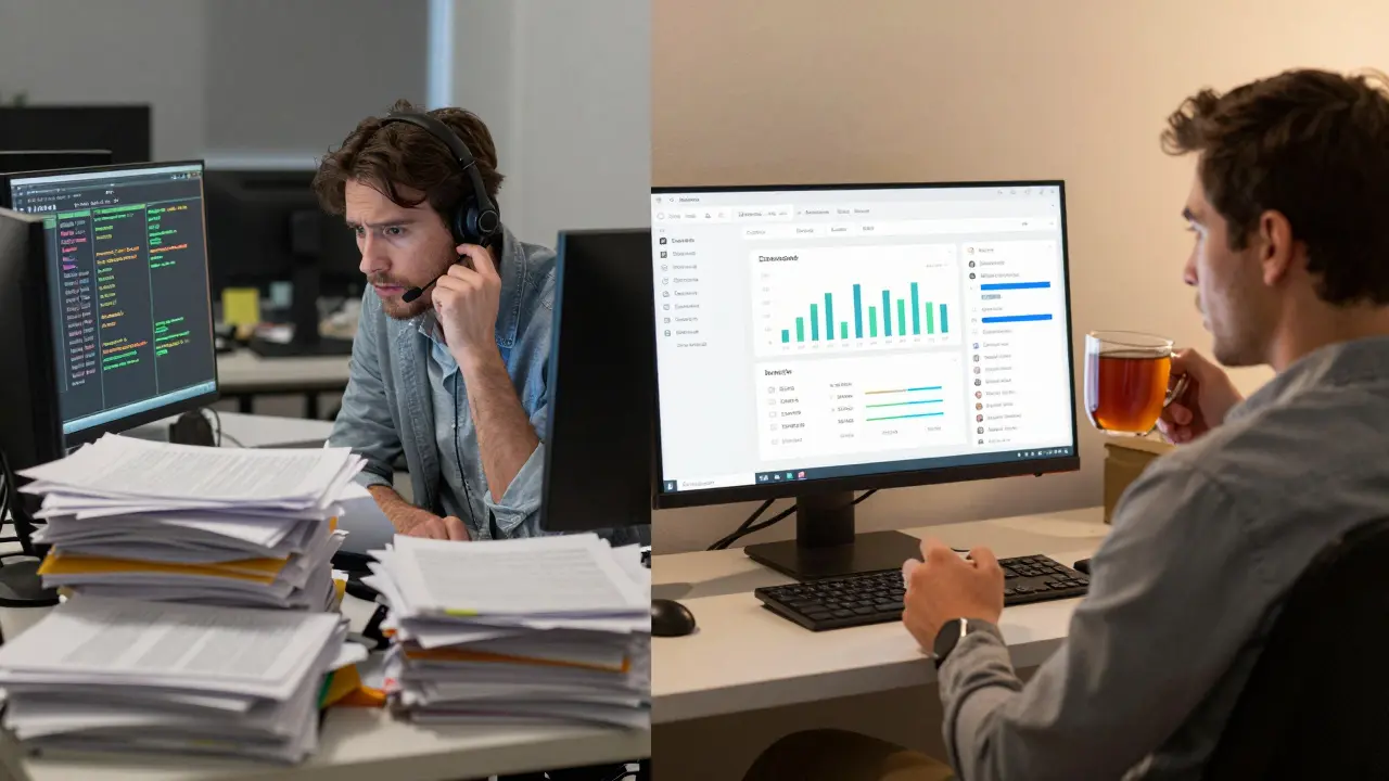 Contrast between stressed manual work and efficient AI-assisted business management