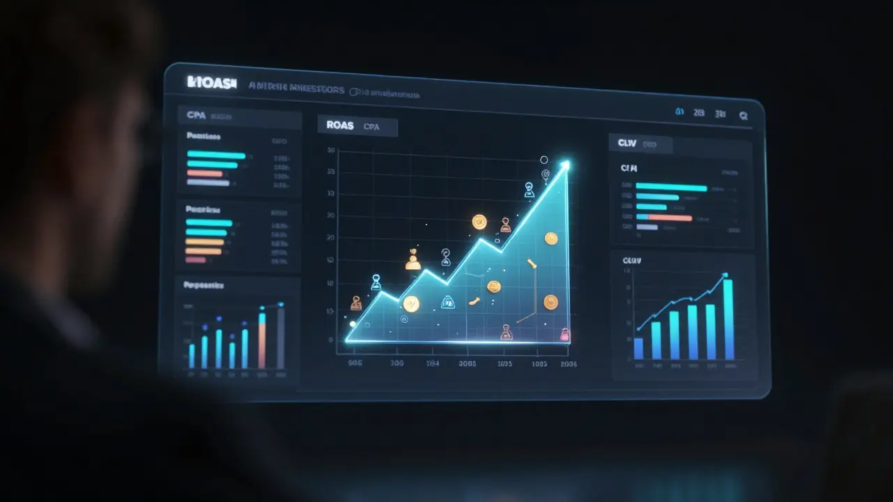 Glowing 3D dashboard displaying key marketing metrics in a dark studio setting