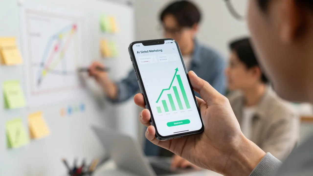 Hand holding phone showing rising marketing engagement graphs
