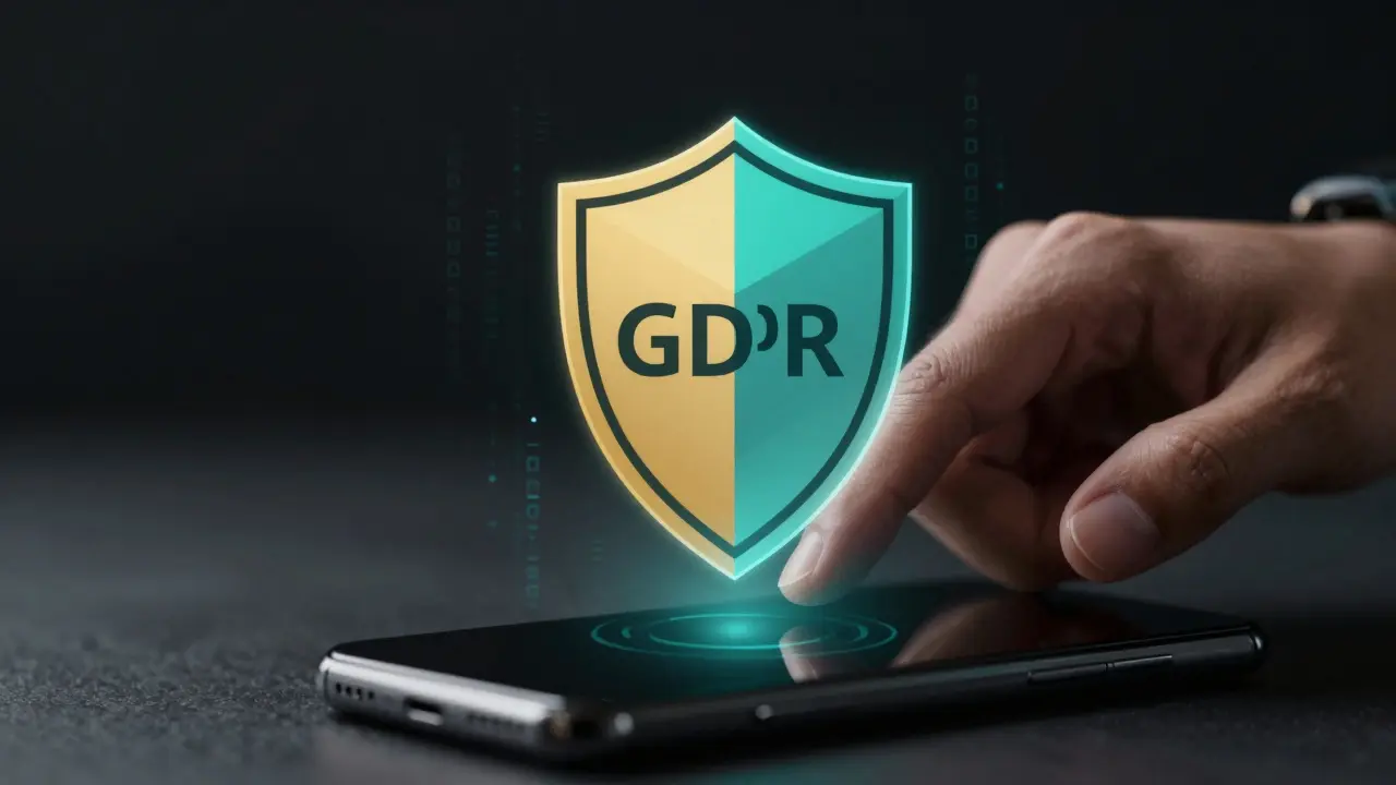 Hand touching a holographic security shield symbolizing data privacy