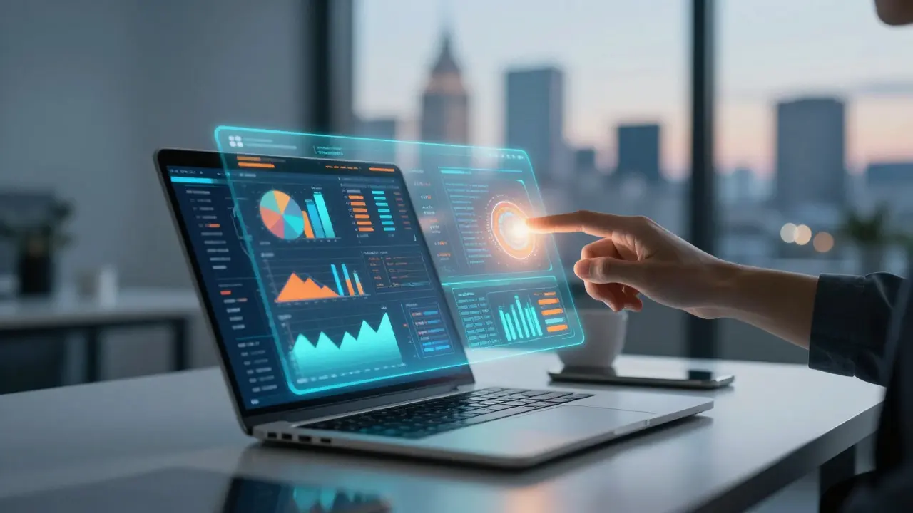 Holographic data charts floating above a laptop