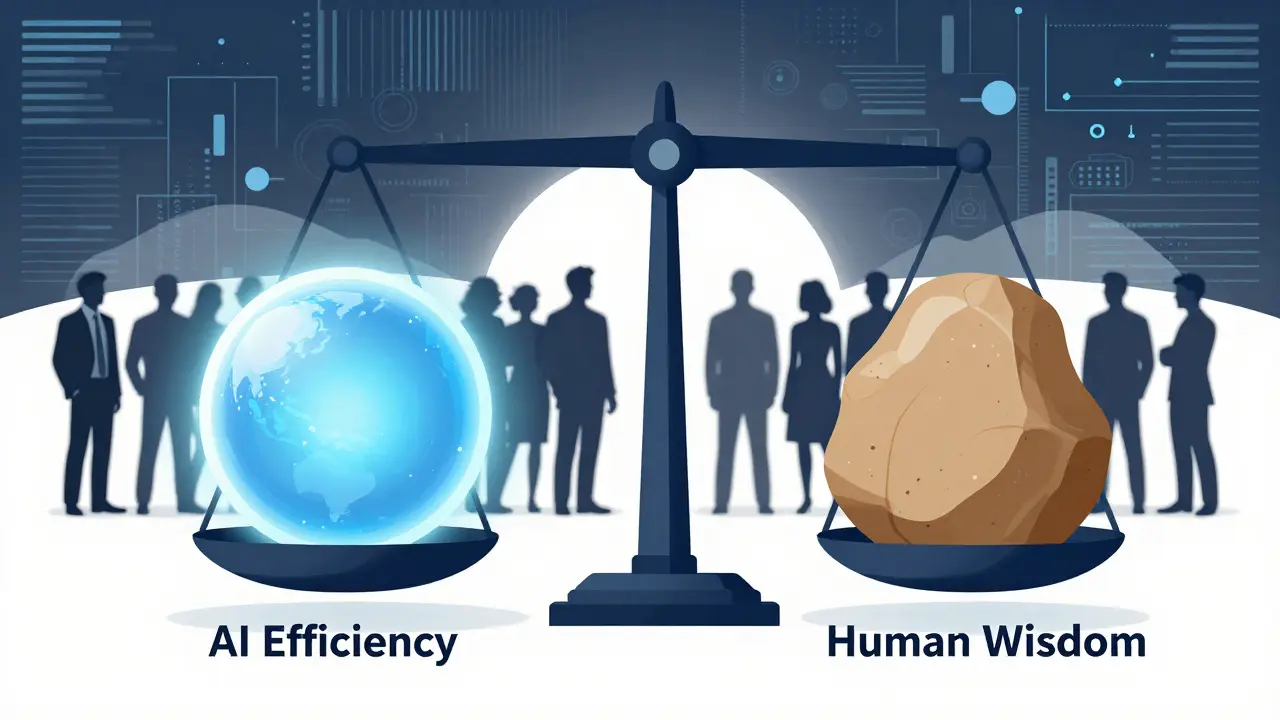 Illustration of AI and human wisdom balancing scales against digital noise