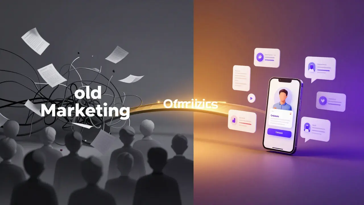 Split image contrasting chaotic old marketing with personalized modern strategy