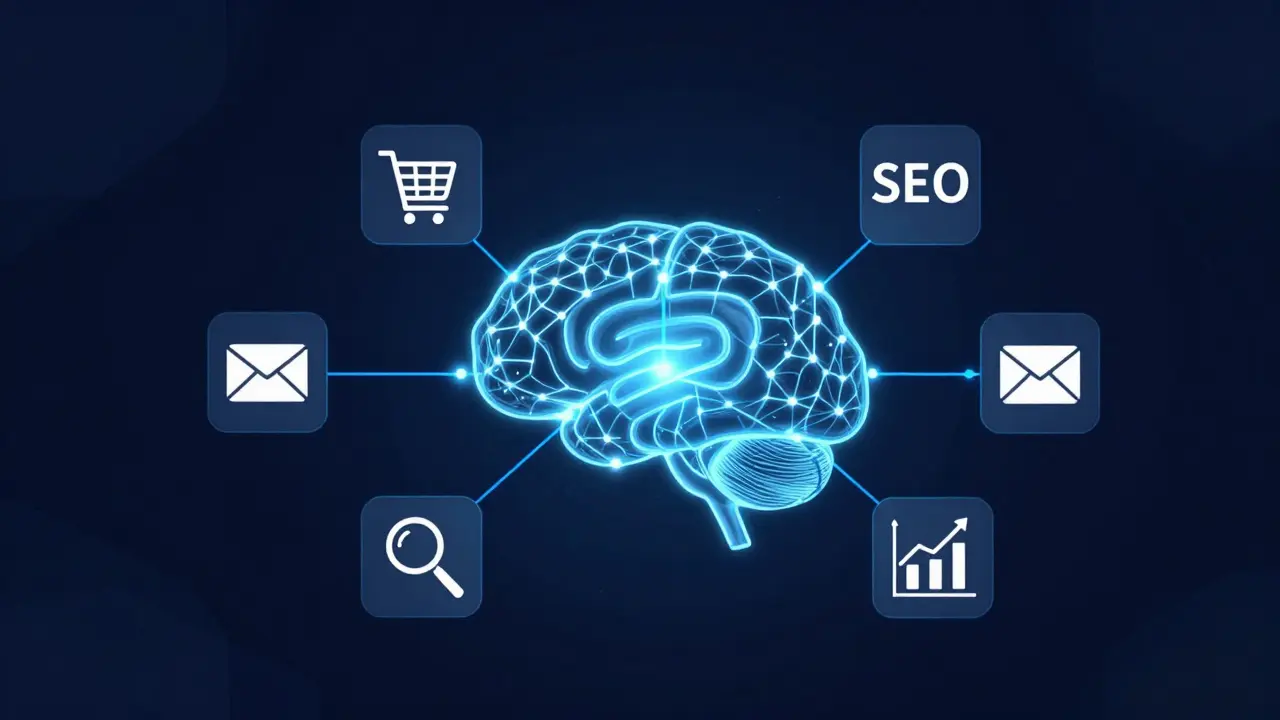 Abstract concept of AI connecting to affiliate marketing tasks like SEO and email campaigns.