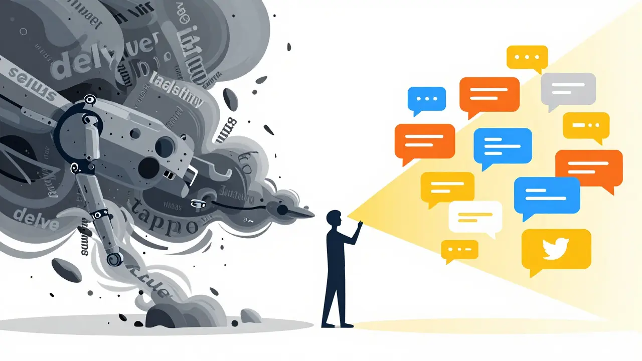 Abstract illustration of human refining chaotic AI text into clear tweets