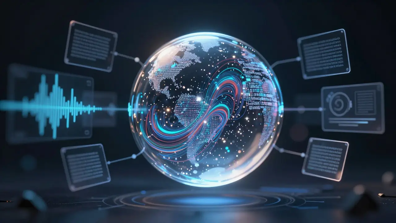 Glass sphere with data streams symbolizing ethical AI and multimodal tech