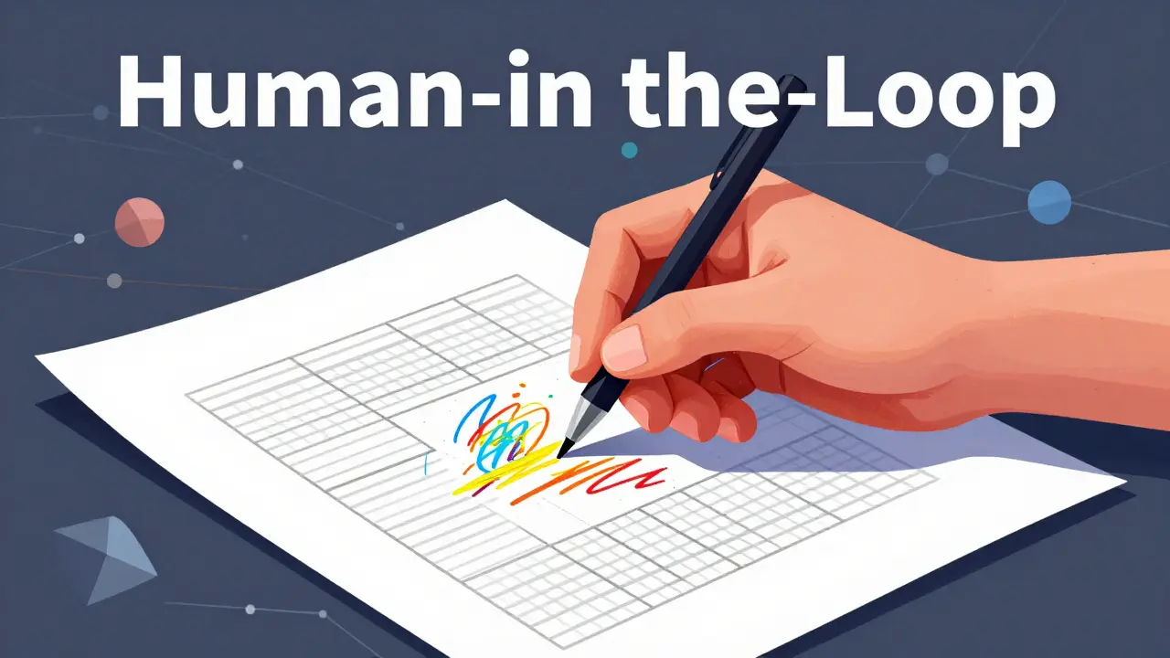 Human hand editing an AI-generated document structure with colorful ink