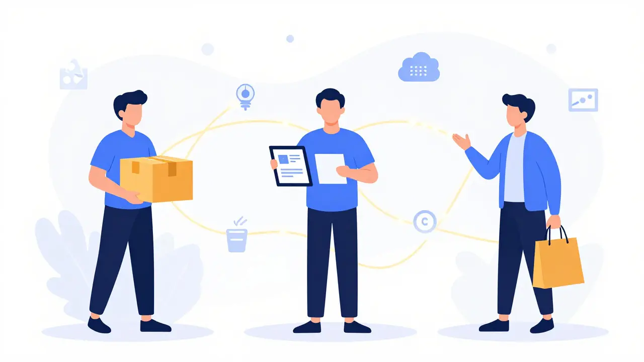 Illustration of merchant, blogger, and consumer connected by data flows