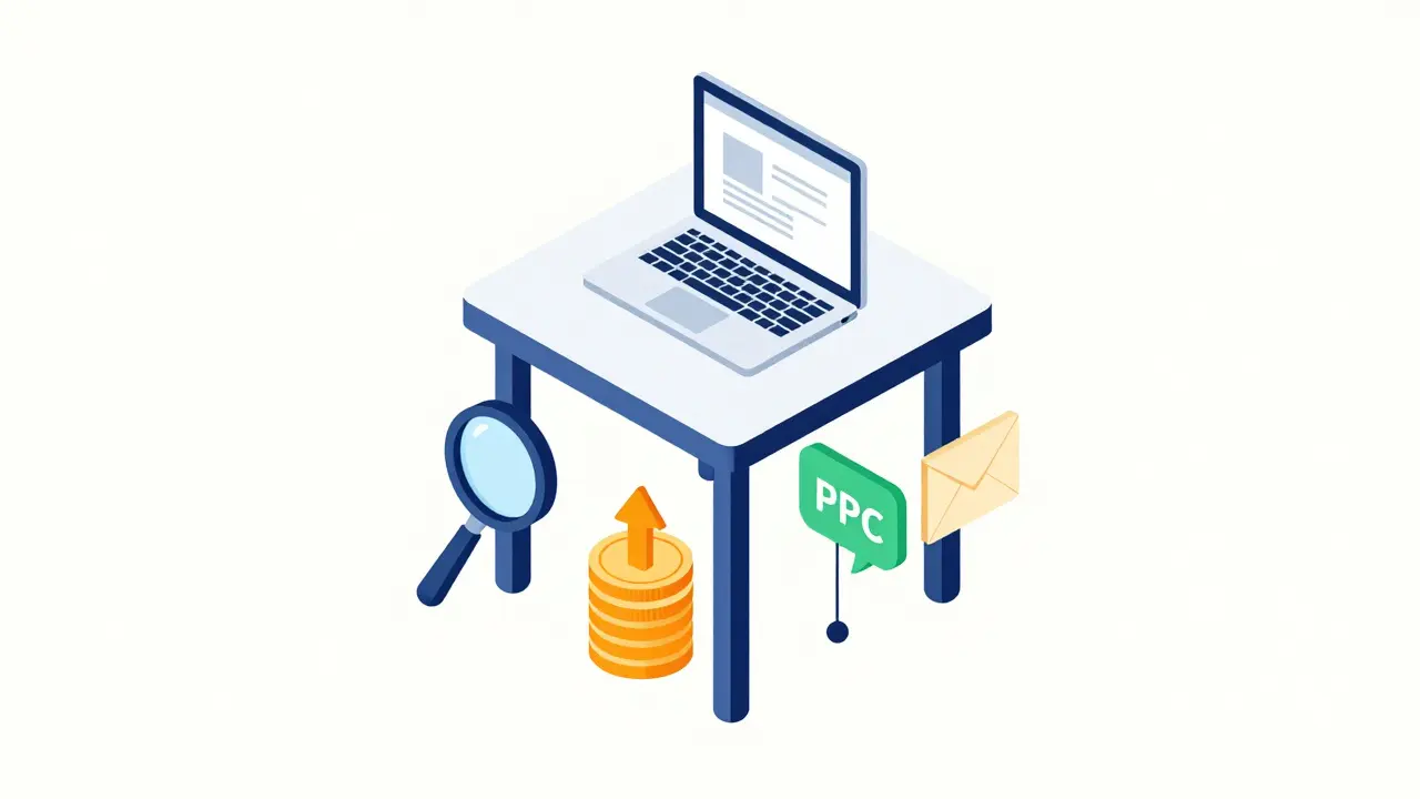 Isometric table with four legs representing SEO, PPC, Social Media, and Email marketing