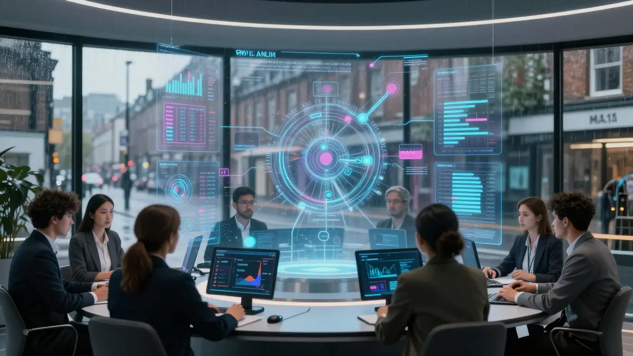 Team analyzing holographic social media metrics in modern office