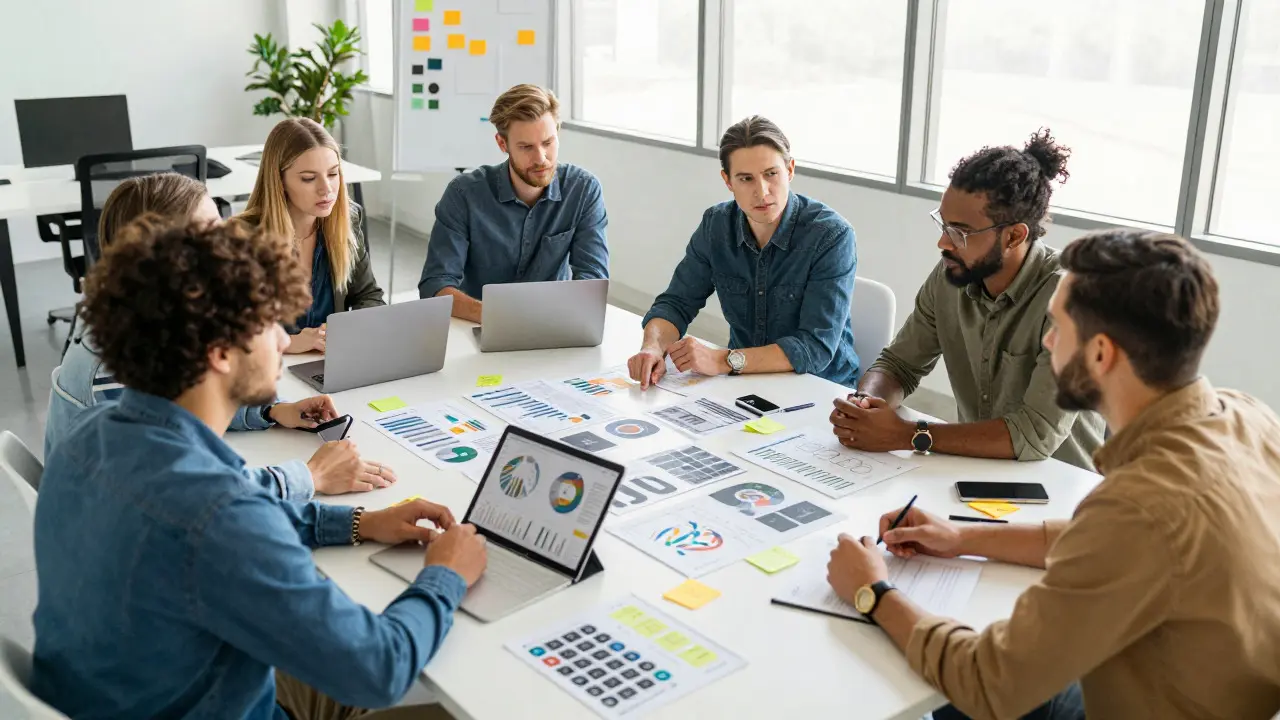 A diverse marketing team collaborating around a table with strategy documents and digital devices.