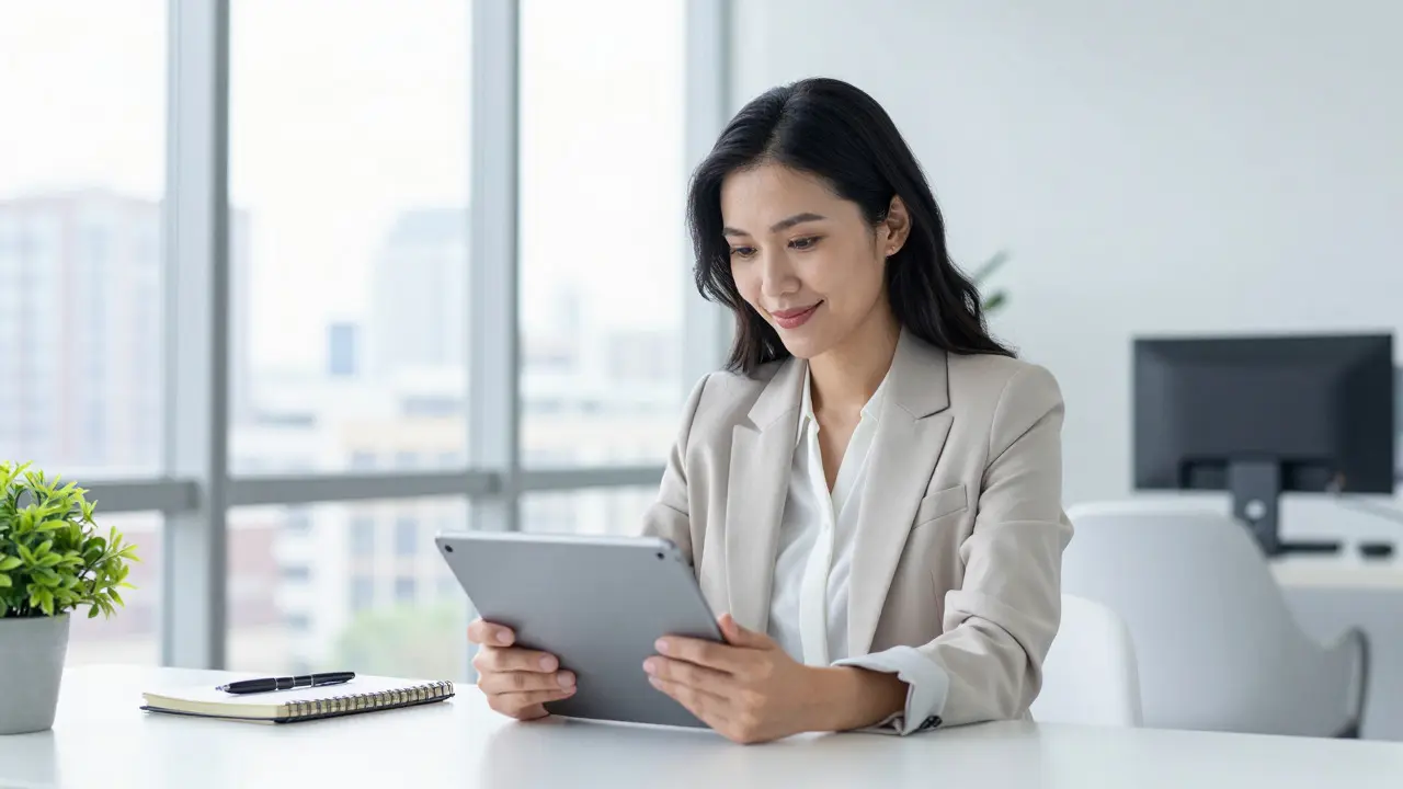 Businesswoman reviewing analytics on a tablet in a modern office