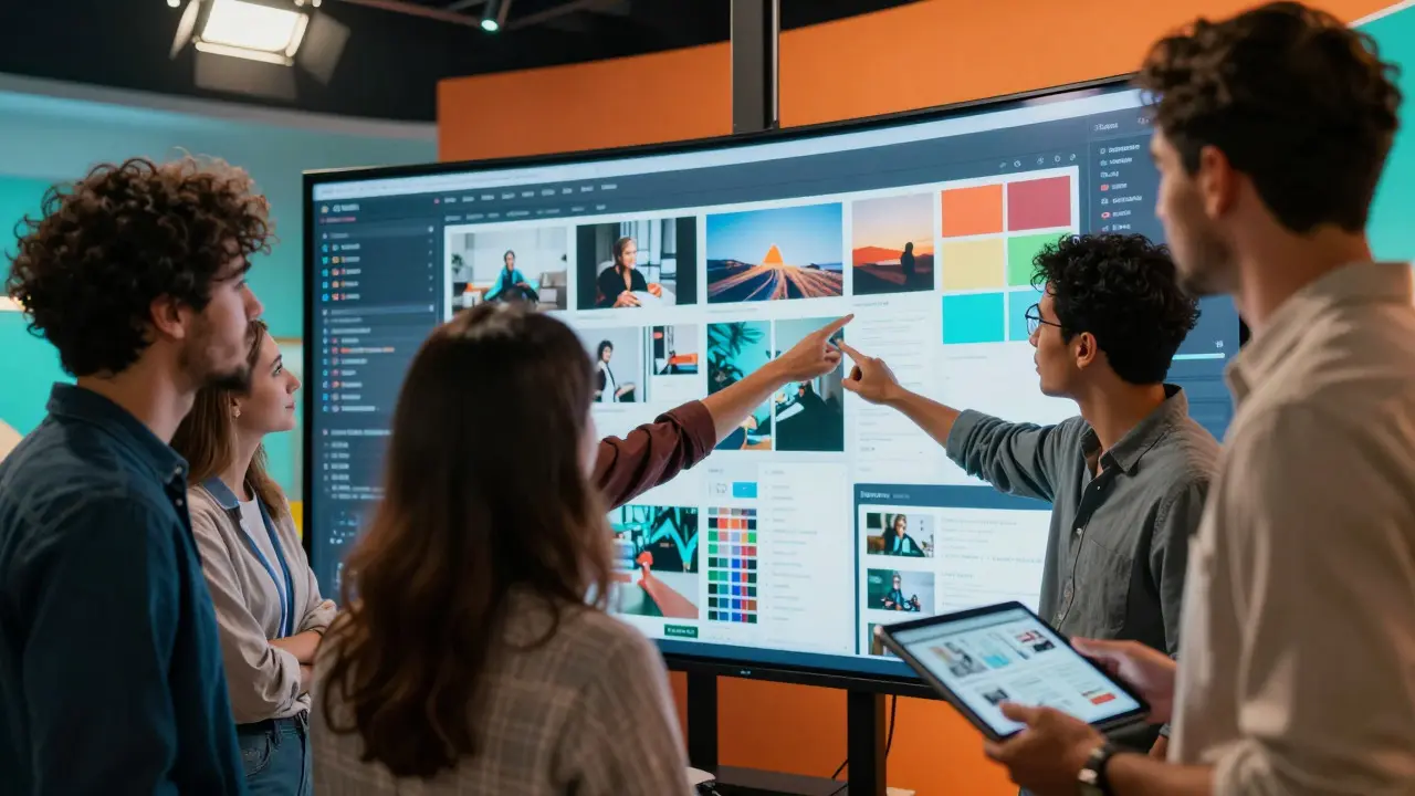 Creative team collaborating around a digital display in a studio