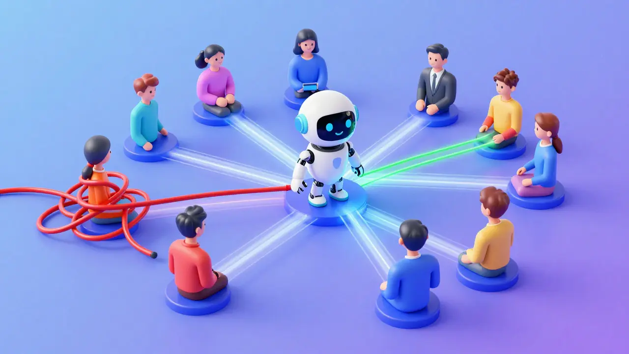 Digital illustration of AI connecting customers with efficient data flow