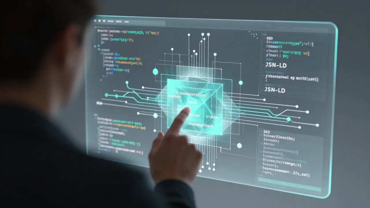 Holographic interface displaying glowing code structures, symbolizing technical SEO and schema markup.