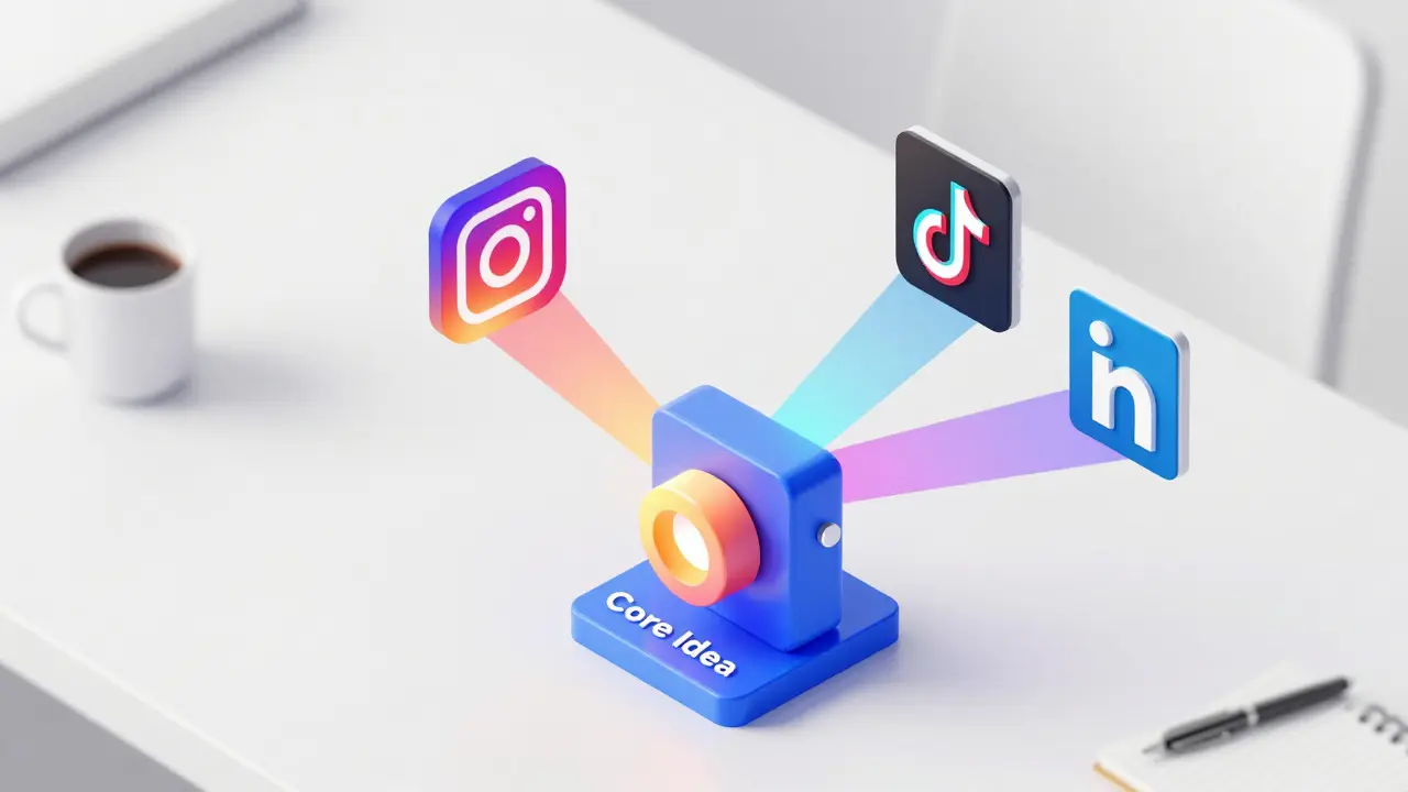 Isometric 3D graphic of content repurposing workflow