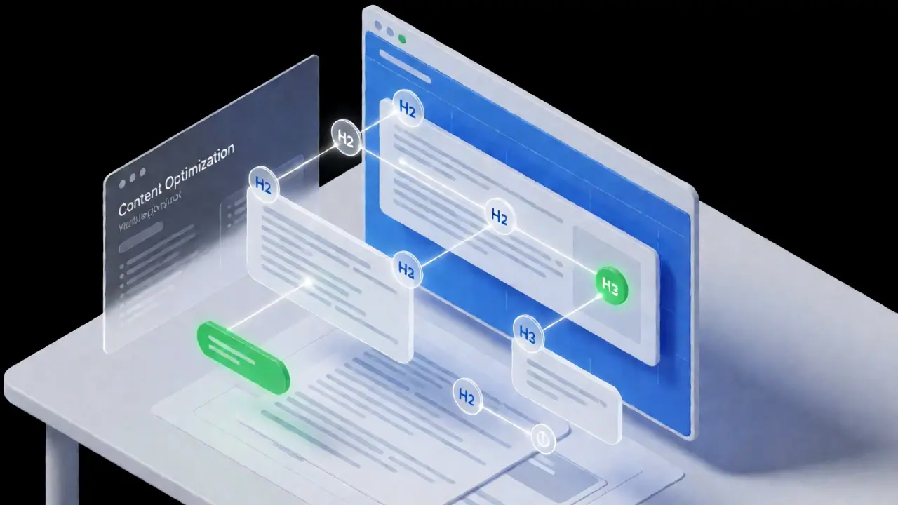 Isometric 3D visualization of website content structure and header hierarchy
