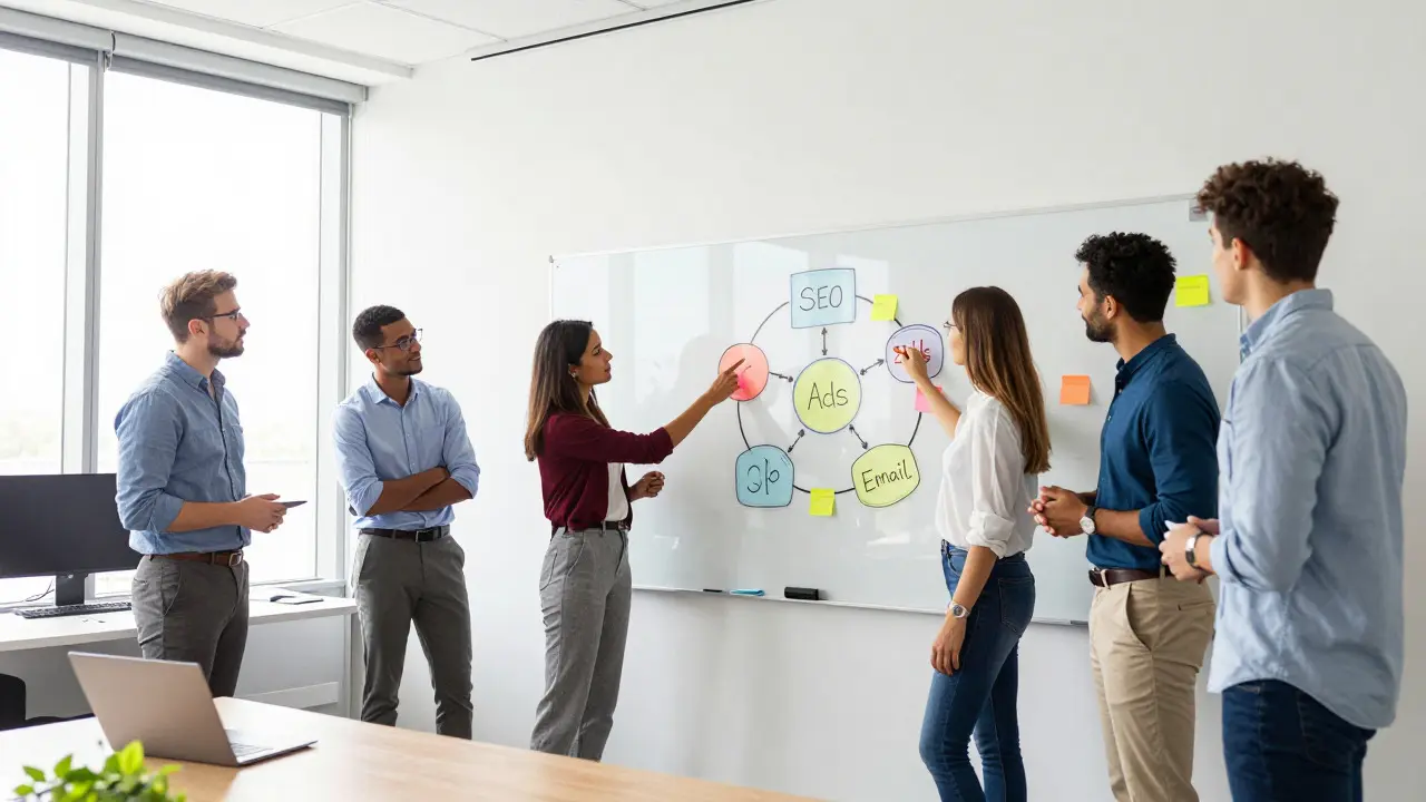 Marketing team discussing strategy around a whiteboard in a modern office