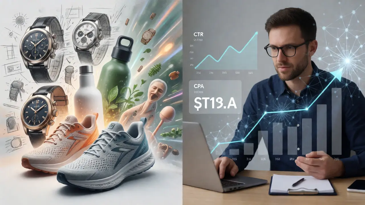 Split view of AI creative ideation and data performance analysis